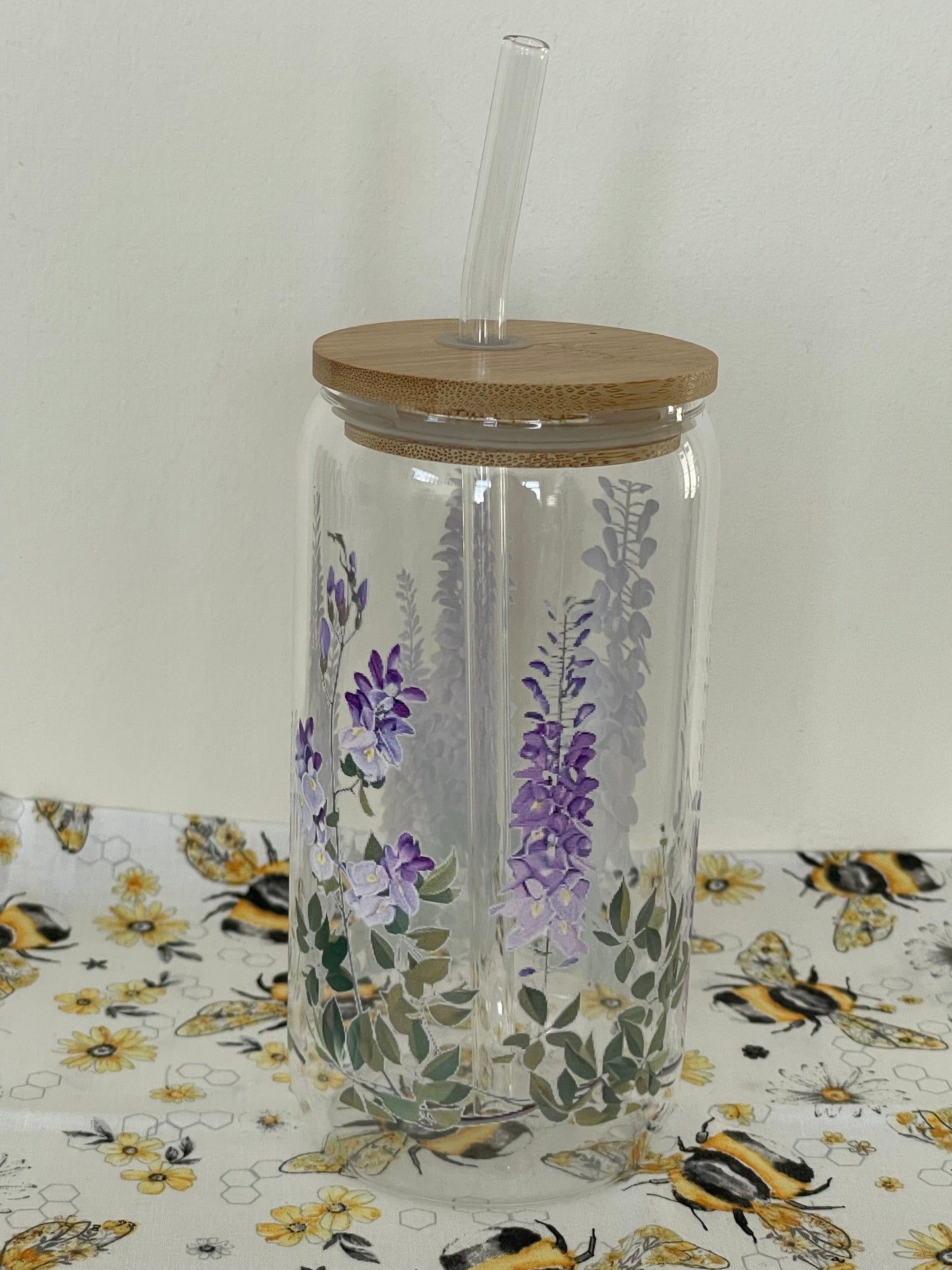 Floral Glass Tumbler with Lid and Straw