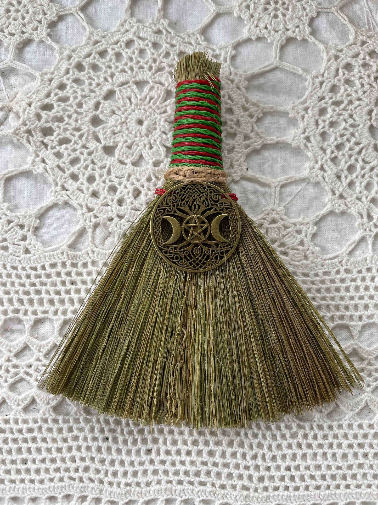 Medium Witches Besom with Triple Moon and Pentagram Charm