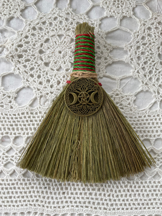 Medium Witches Besom with Triple Moon and Pentagram Charm