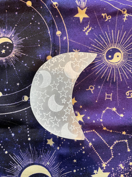 Selenite Moon Crystal - Moon and Stars