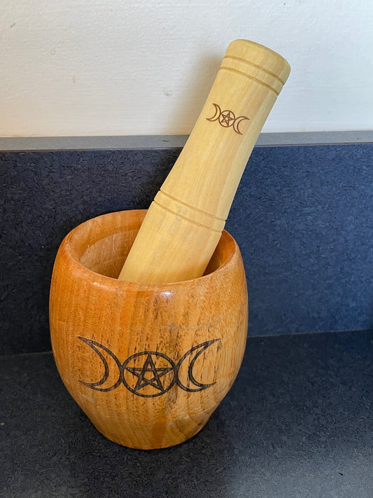 Wooden Mortar and Pestle - Triple Moon