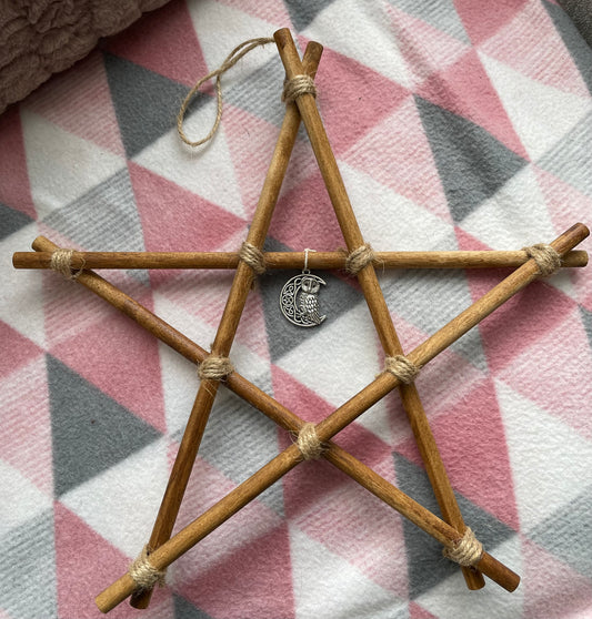 Large Wooden Pentagram With Moon and Owl Charm