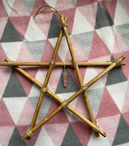 Large Wooden Pentagram with Rose Quartz